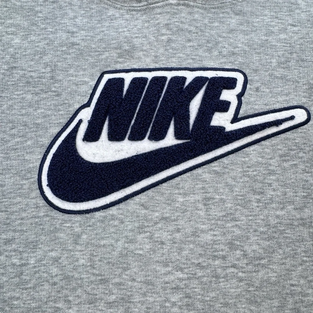 VTG Nike Hoodie Pullover XL Gray Big Center Swoosh Embroidered Spellout LS Y2K